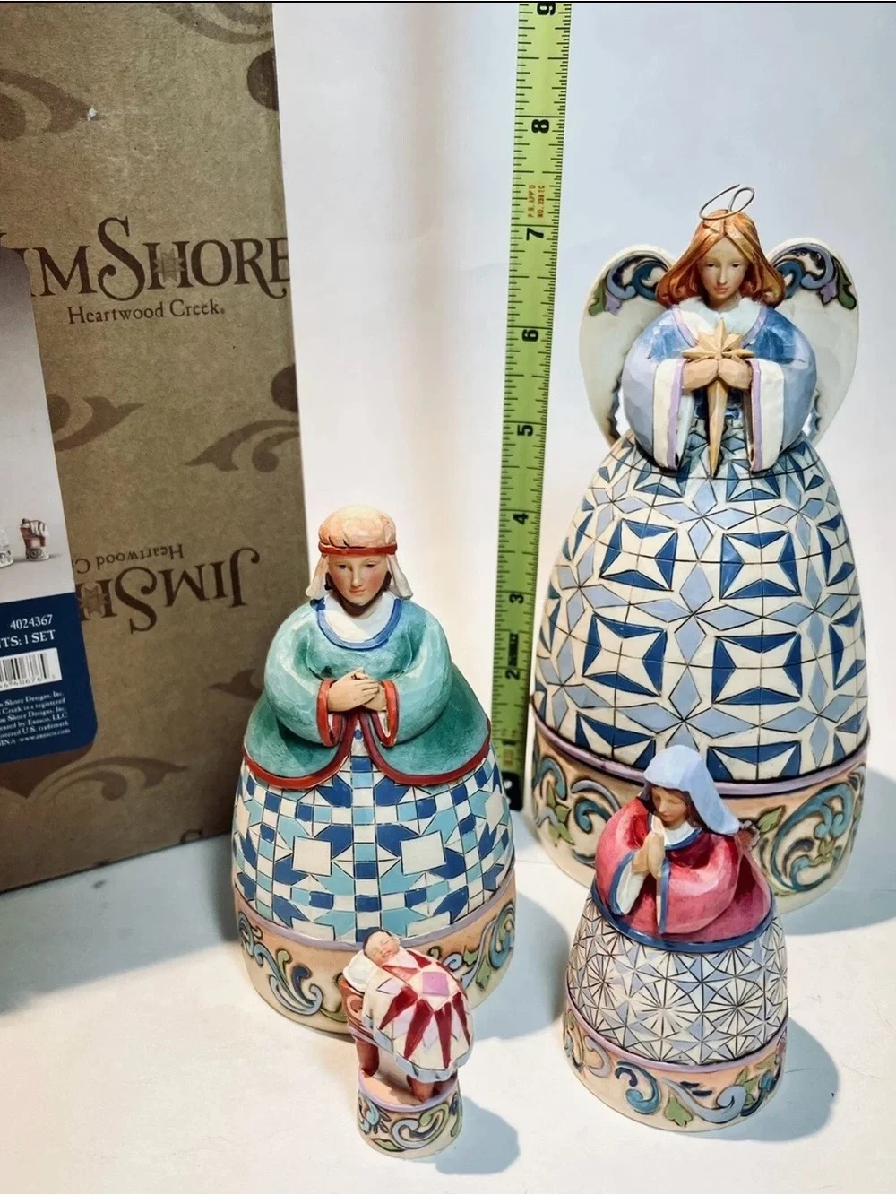 Jim Shore Ceramic Nativity Set in Blue, Green, Pink, Cream